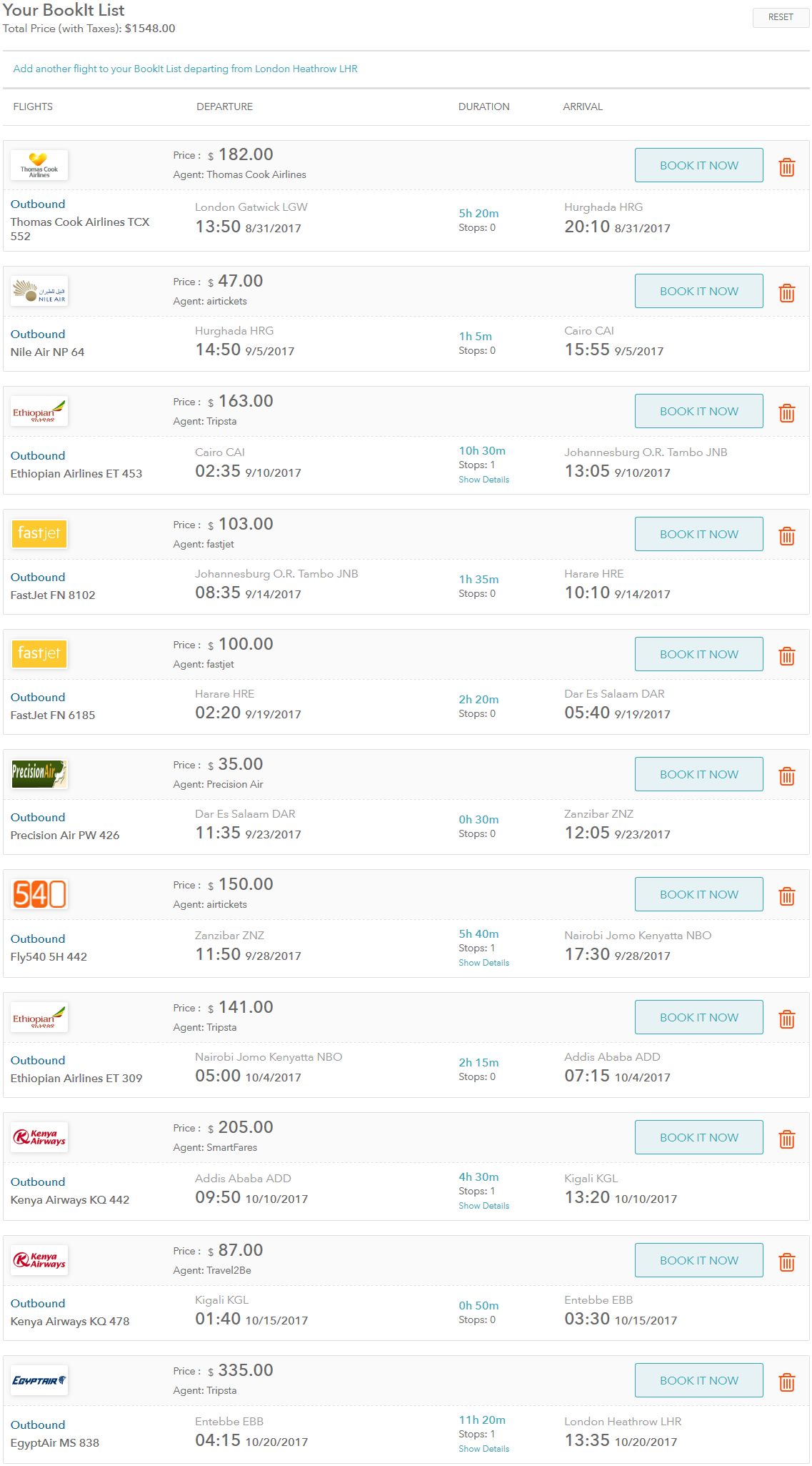 Africa flight itinerary