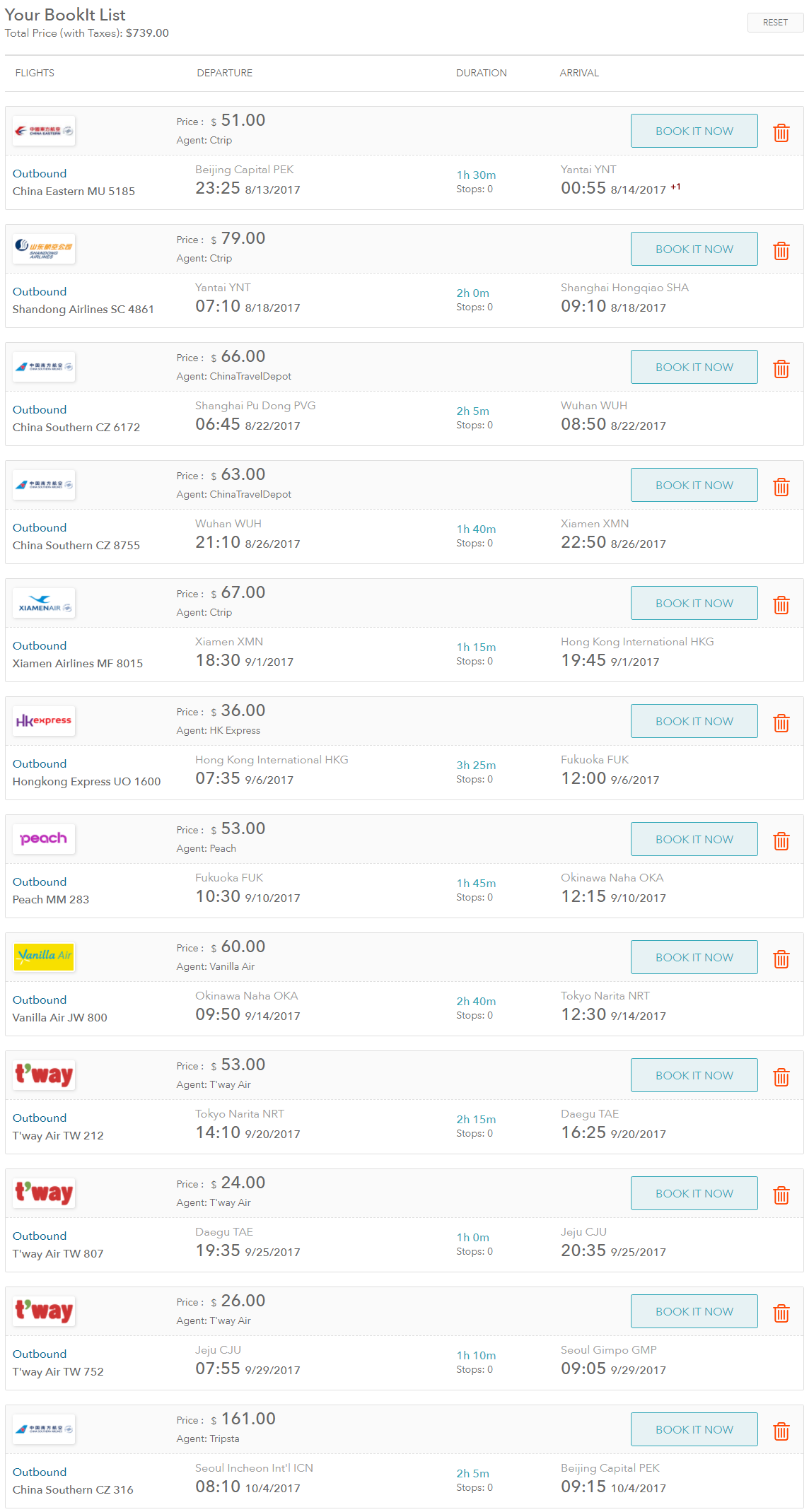 East Asia Flight Itinerary (BookIt List)