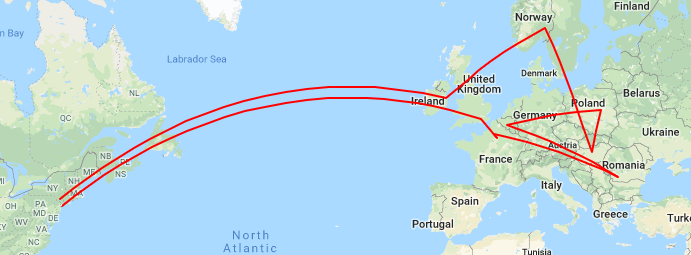 SkySurf Travel Flight Map Europe - Example Travel Route Generated at SkySurf.Travel